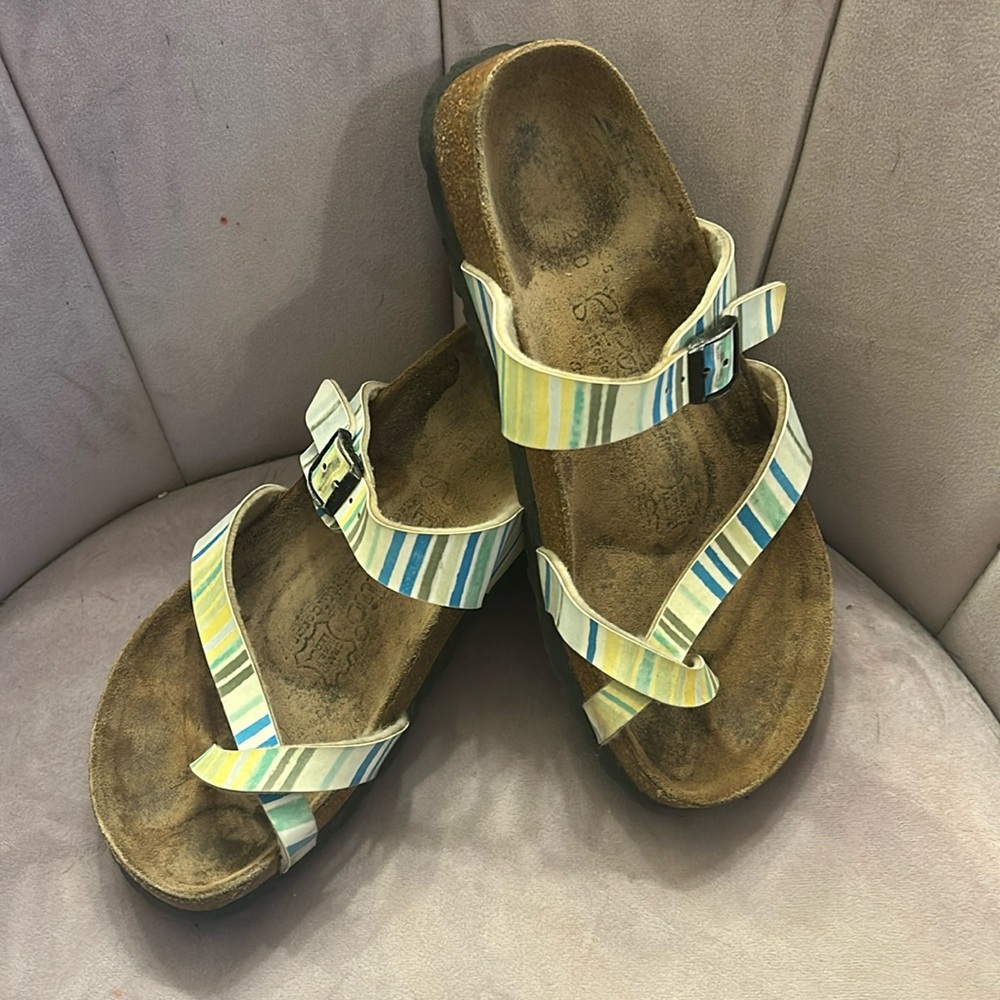 Birkenstock Sandals Size 36 US 5 Tabora Striped Blue/Green/Yellow/White Papillo